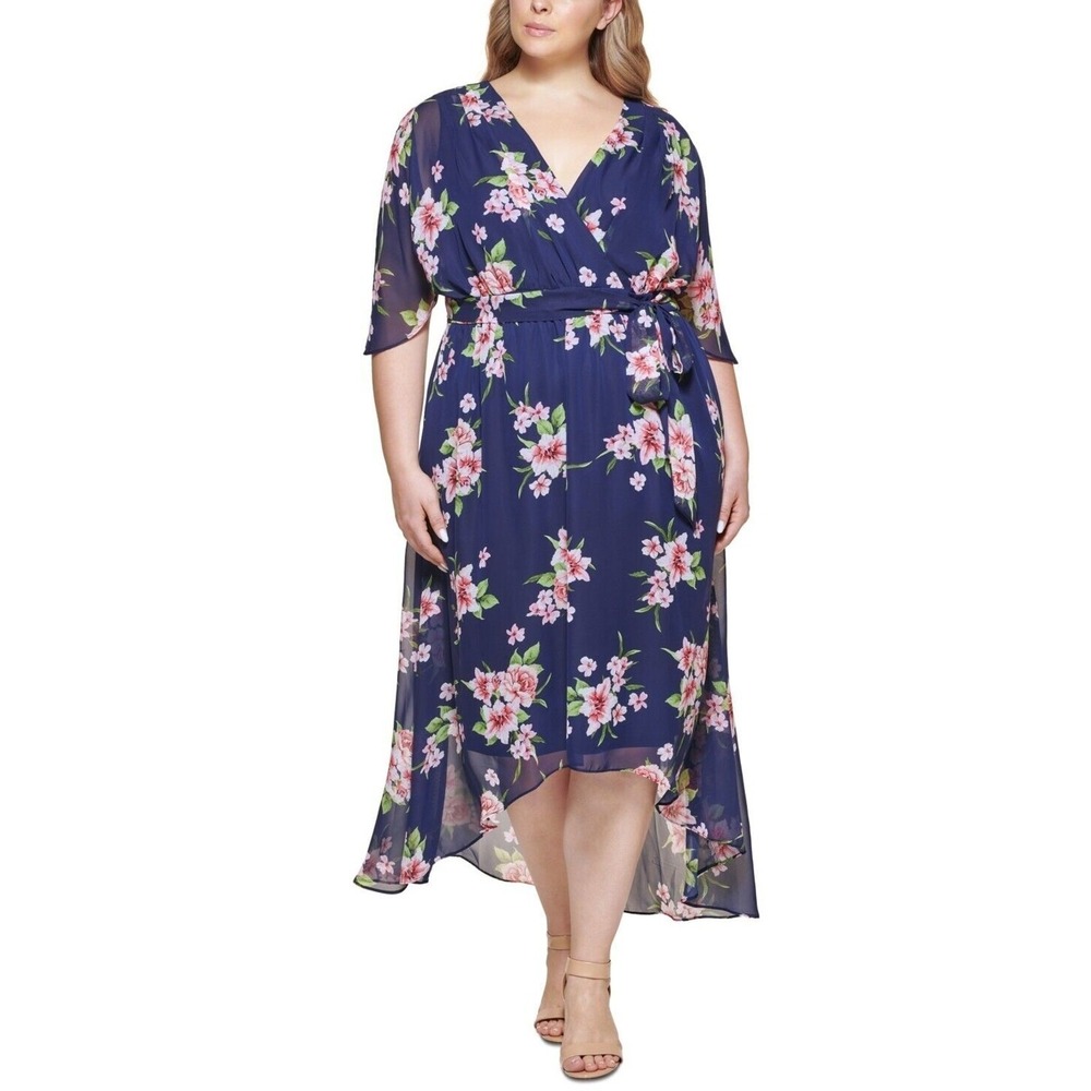 Jessica Howard Plus Size Printed Faux-Wrap MIDI Dress Navy Floral Size 20W